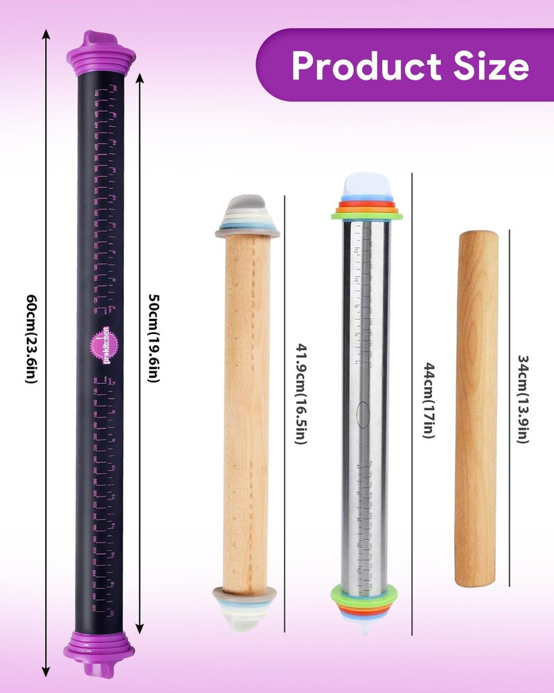 PROKITCHEN Silicone Rolling Pin with Thickness Rings, Adjustable Designs for Fondant, Cookie Decorating, Pasta, Pizza, 23.6 inch Purple Large Long Pin - Image 3